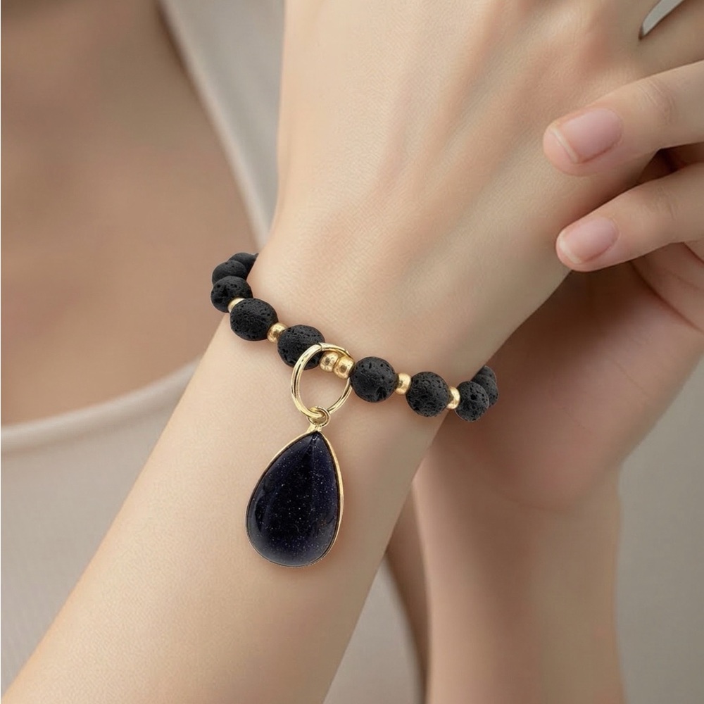 Blue stone gemstone charm. Lava bead diffuser‎ bracelet.